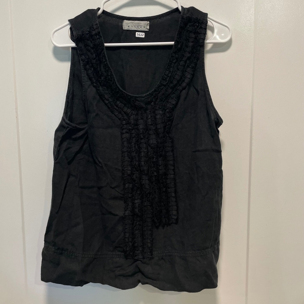Willow Black 100% Linen Ruffle Bib Tank Top Sleeveless‎ Blouse XL Made in USA